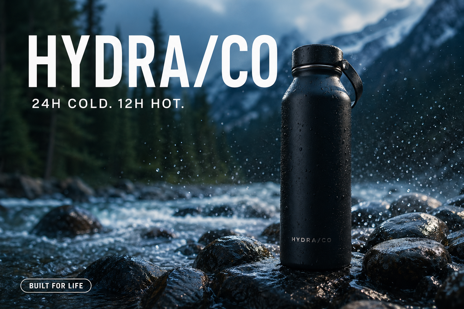 HYDRA/CO water bottle ad creative — matte black insulated bottle on wet river rocks with mountain stream backdrop