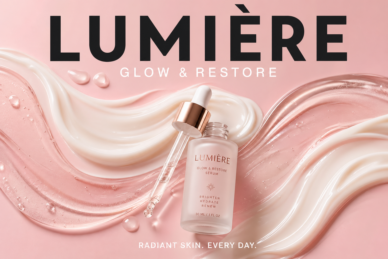 Lumière serum ad creative — frosted glass dropper bottle on blush pink background with cream texture swirls