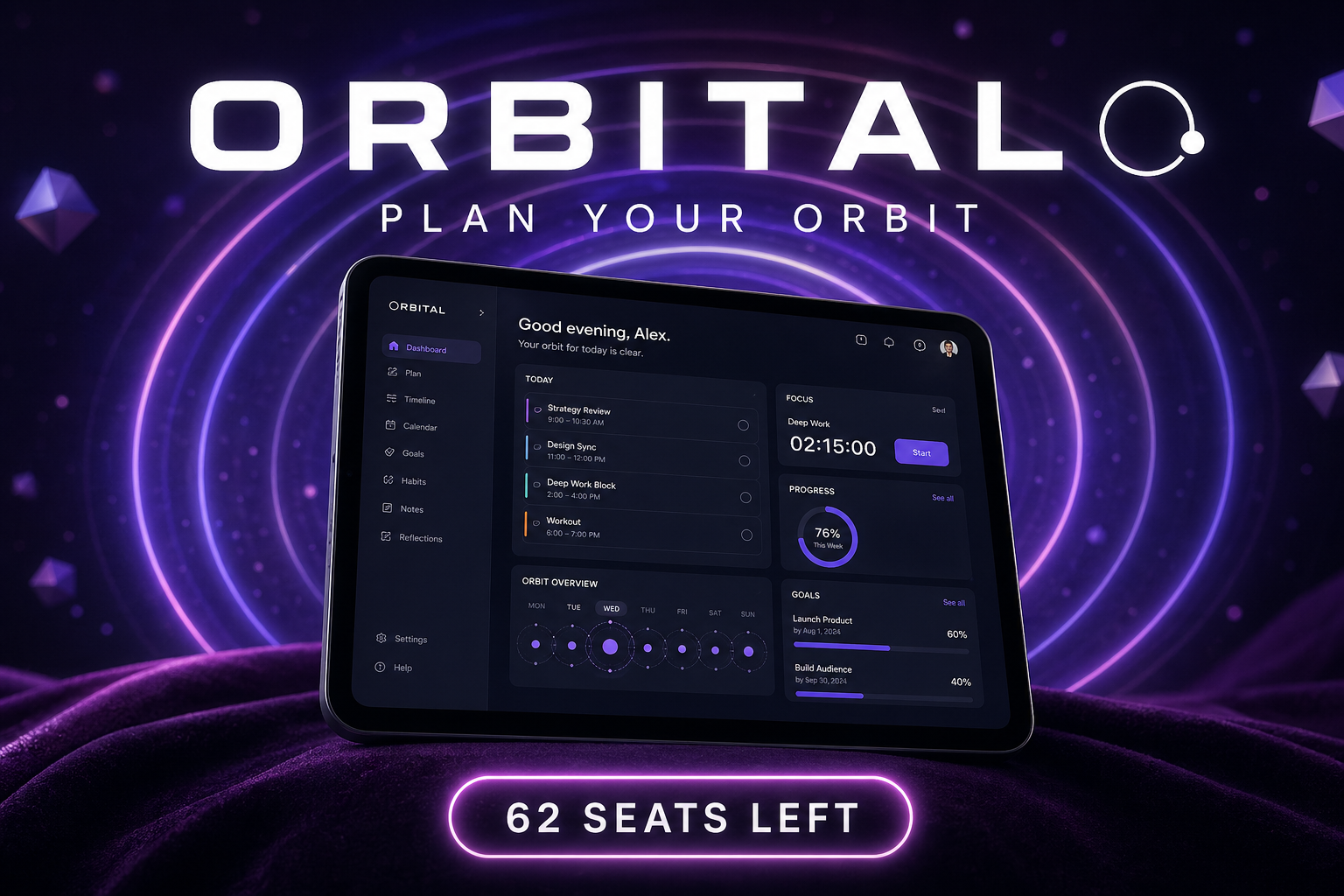 Orbital planner ad creative — sleek tablet on violet velvet with glowing orbital rings of purple and pink light