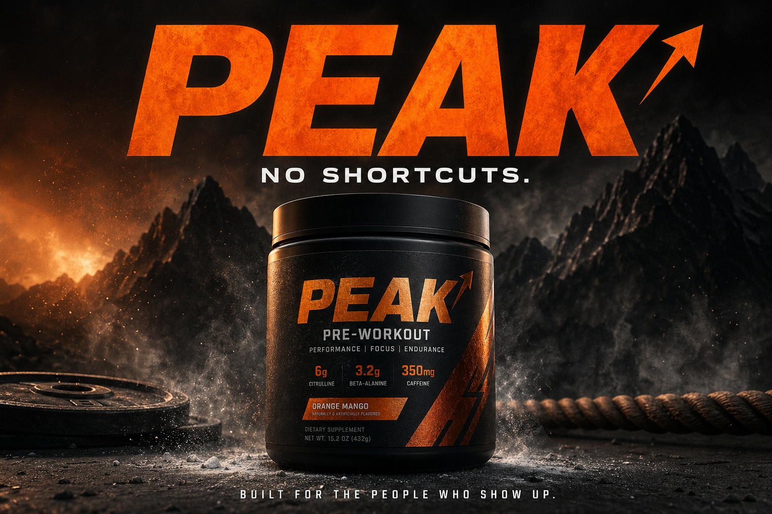 PEAK↗ pre-workout ad creative — matte black supplement tub on dark concrete with mountain silhouettes and orange rim light