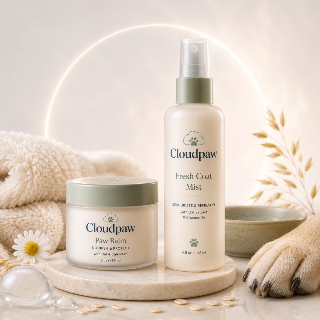 Cloudpaw pet grooming sprays and brushes arranged as a clean pet-care kit.