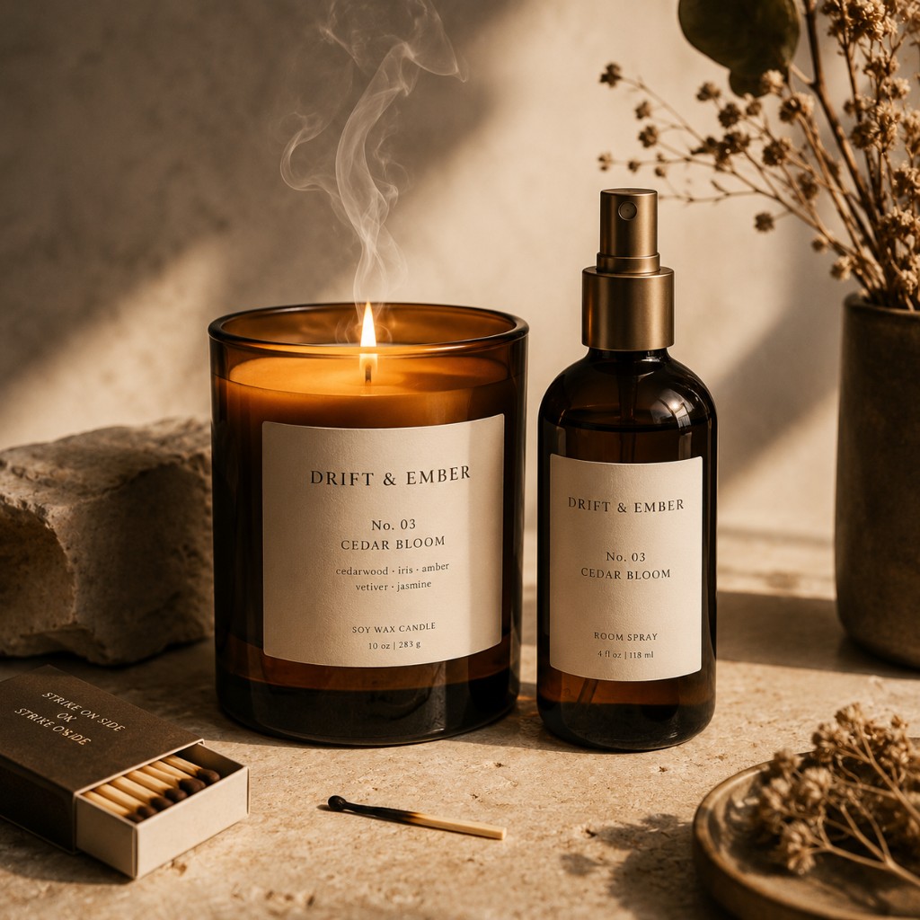 Drift & Ember scented candles and amber glass accents on a warm wood surface.