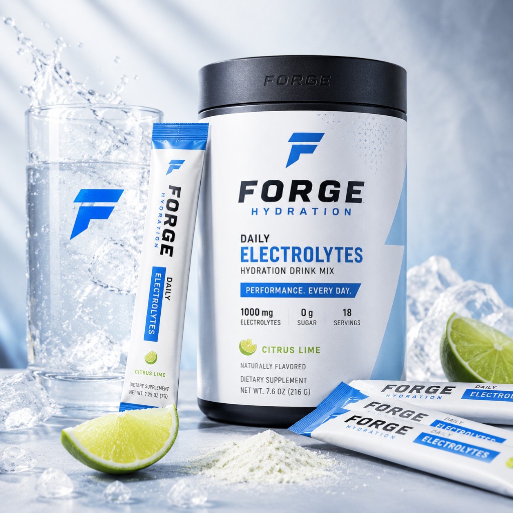 Forge Hydration electrolyte mix pouch and shaker bottle with athletic styling.