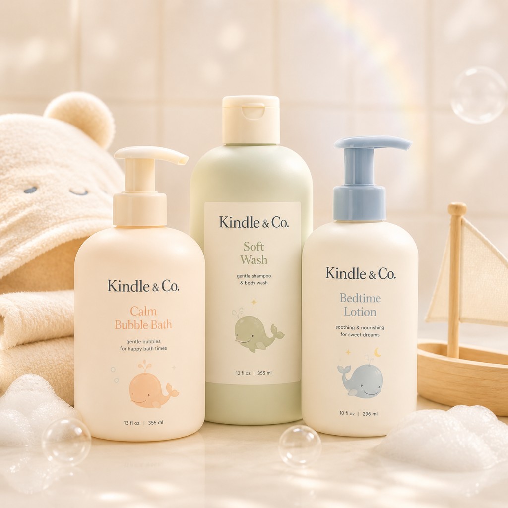 Kindle & Co. baby bath bottles and gentle wash essentials on a neutral nursery surface.