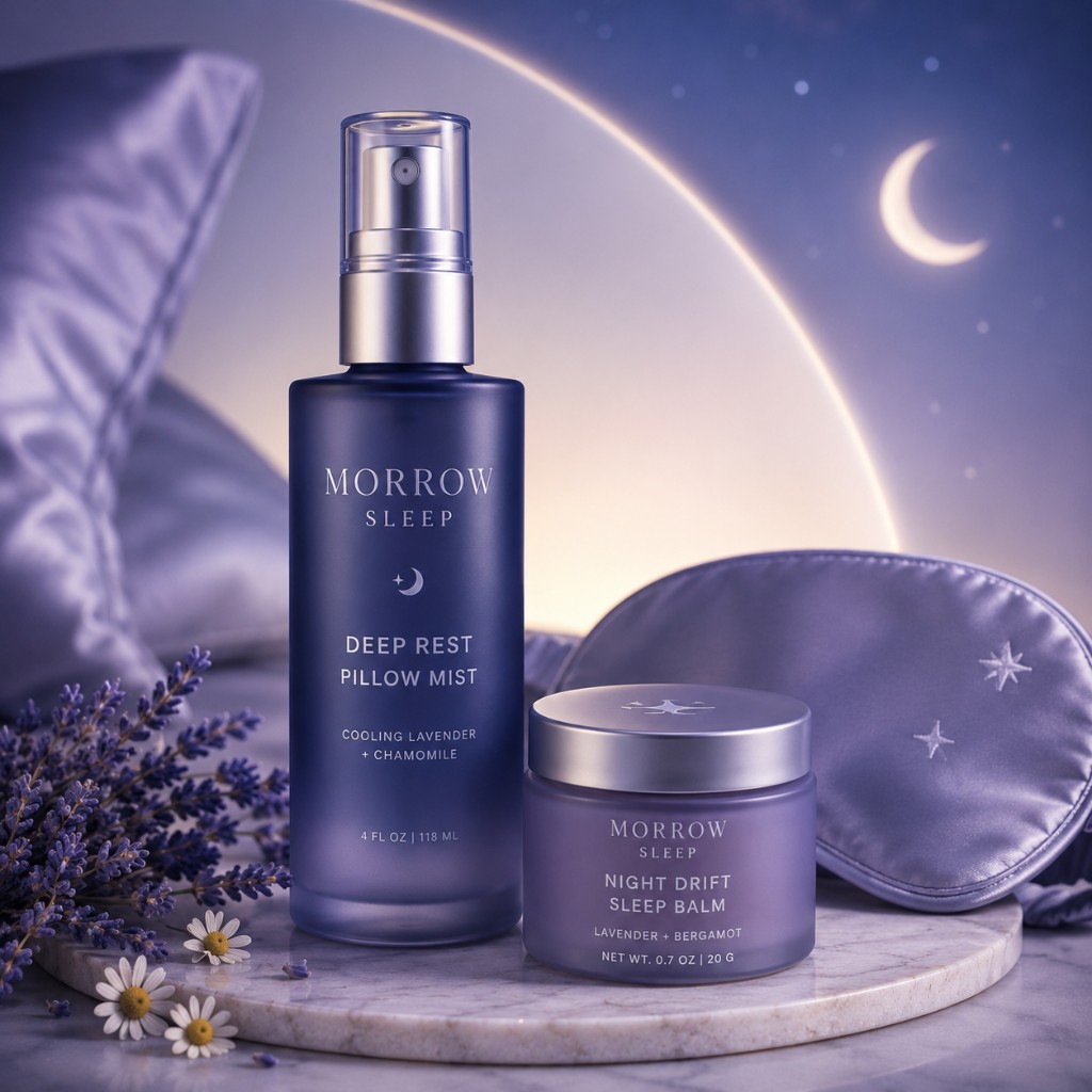 Morrow Sleep pillow mist and sleep balm bottles styled for a calming bedtime ritual on soft linen.