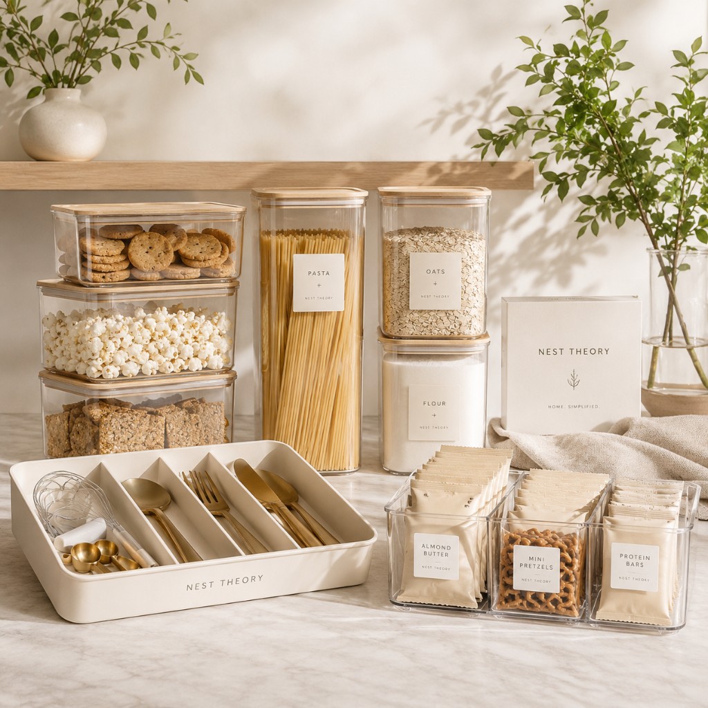 Nest Theory labeled pantry jars and organizers in a tidy kitchen shelf scene.