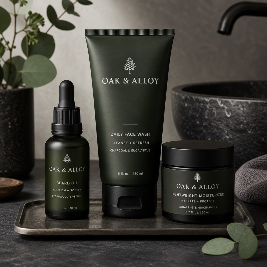 Oak & Alloy men's grooming tubes and pomade tin on dark stone — refined barbershop vibe.