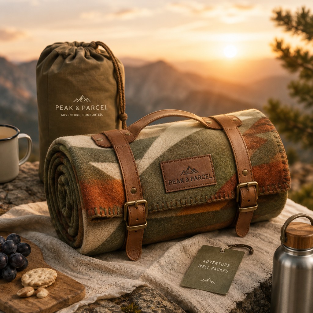 Peak & Parcel folded adventure blanket and outdoor essentials on trail-toned backdrop.