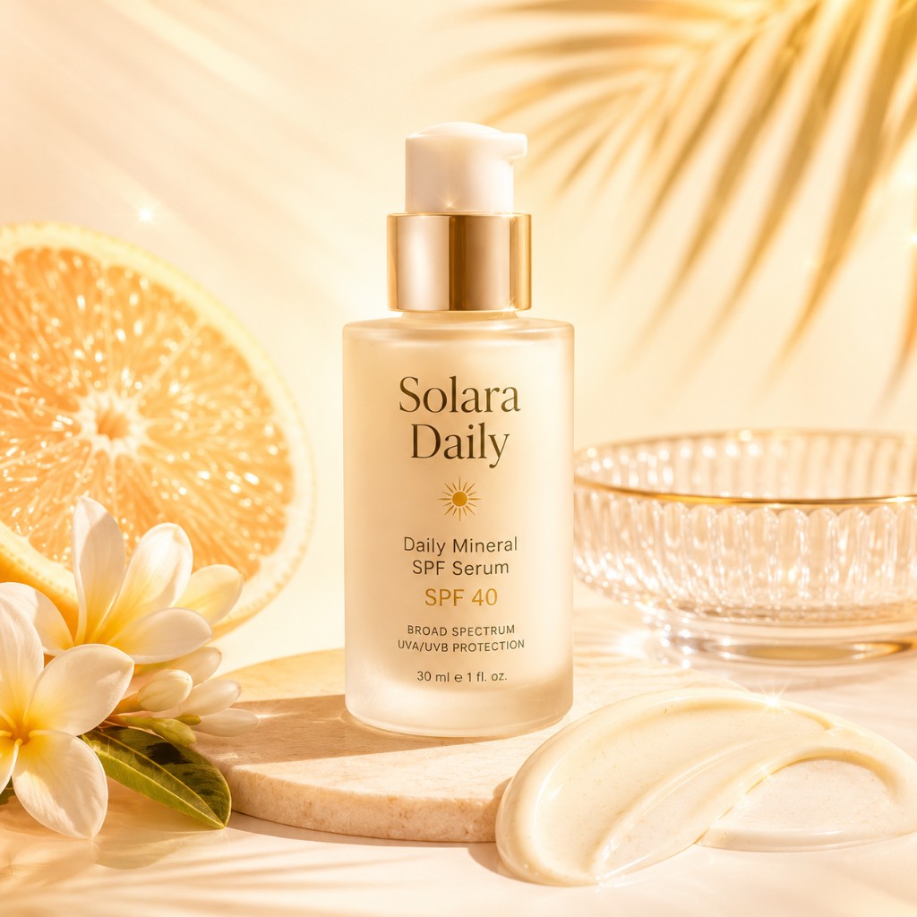 Solara Daily SPF serum bottle on bright minimal backdrop — hero social post visual