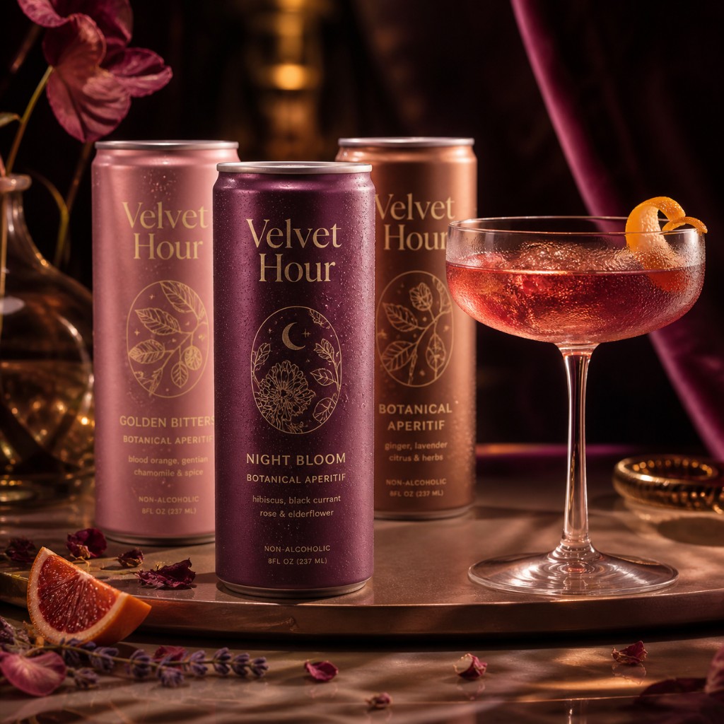 Velvet Hour non-alcoholic botanical aperitif bottles with garnish-ready glassware.